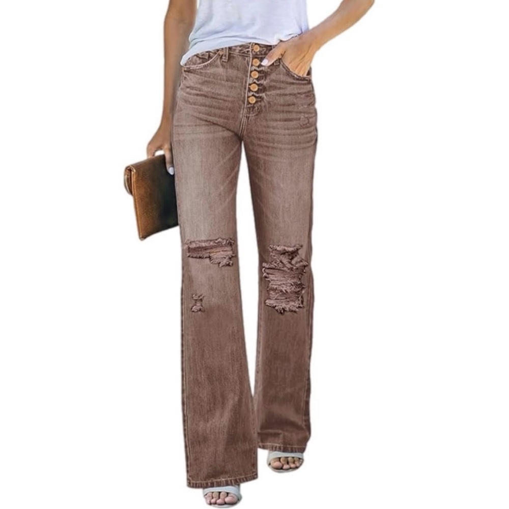 GRAPENT Brown Flare Jeans High Rise Distressed Button Fly Size 10